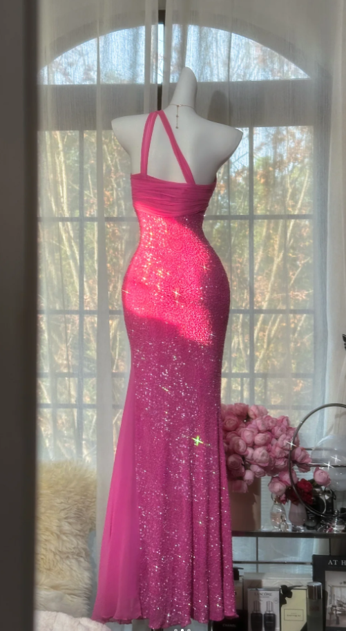 Chic Pink Long Prom Dresses One-shoulder Sheath Evening Dresses Tulle Beaded Birthay Dresses ED06147