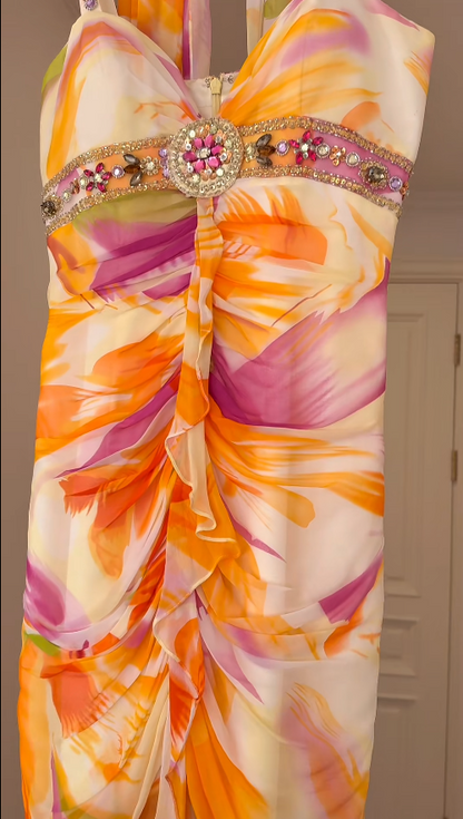 Chic Orange Long Prom Dresses Straps Sheath Evening Dresses Floral Chiffon Birthay Dresses ED06148