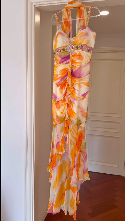 Chic Orange Long Prom Dresses Straps Sheath Evening Dresses Floral Chiffon Birthay Dresses ED06148