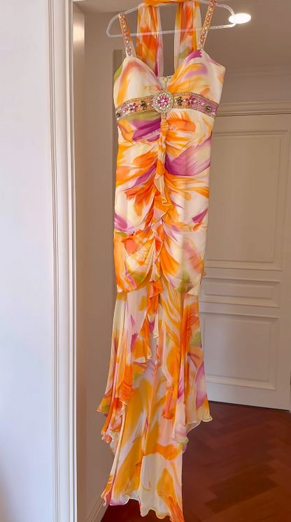 Chic Orange Long Prom Dresses Straps Sheath Evening Dresses Floral Chiffon Birthay Dresses ED06148