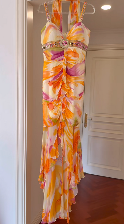 Chic Orange Long Prom Dresses Straps Sheath Evening Dresses Floral Chiffon Birthay Dresses ED06148