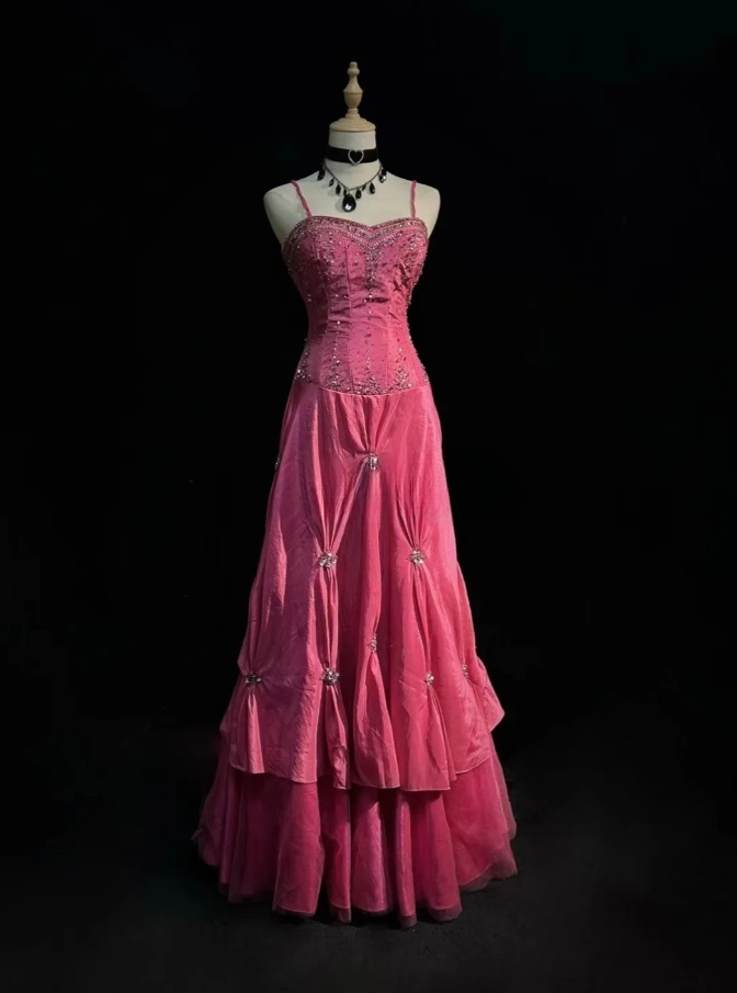 Chic Pink Long Prom Dresses Spaghetti Straps Sheath Evening Dresses Satin Birthay Dresses ED06149
