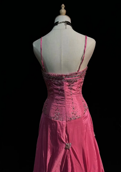 Chic Pink Long Prom Dresses Spaghetti Straps Sheath Evening Dresses Satin Birthay Dresses ED06149