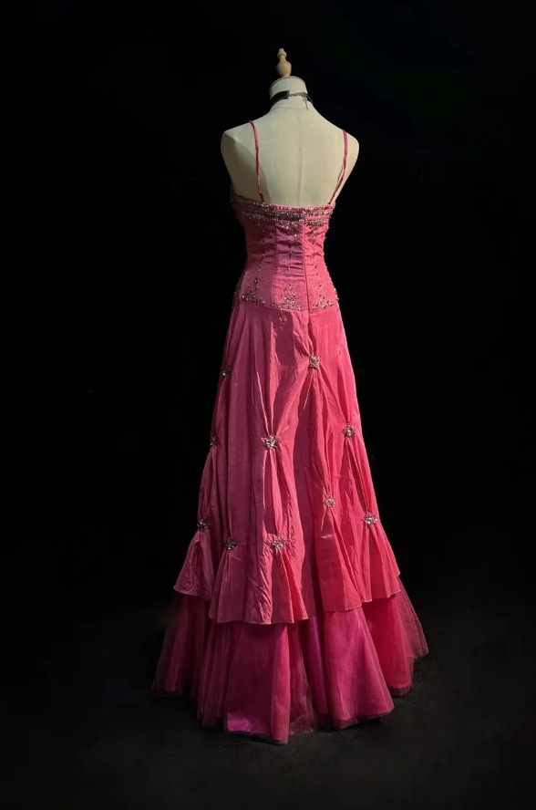 Chic Pink Long Prom Dresses Spaghetti Straps Sheath Evening Dresses Satin Birthay Dresses ED06149