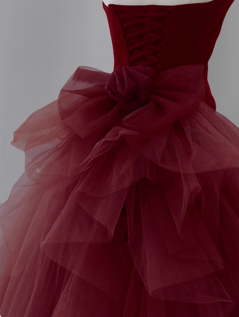 Robe de bal longue sirène en tulle et velours bordeaux, robe de soirée longue bordeaux ED0615