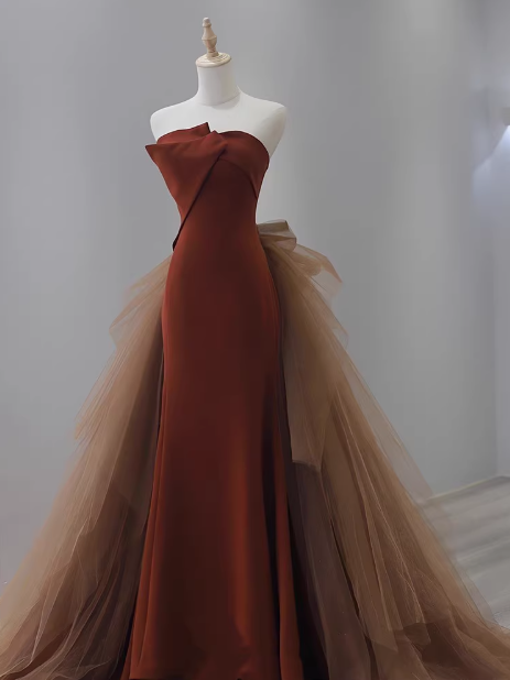Robe de bal longue sirène en tulle et velours bordeaux, robe de soirée longue bordeaux ED0615