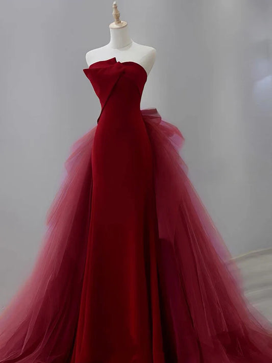 Robe de bal longue sirène en tulle et velours bordeaux, robe de soirée longue bordeaux ED0615
