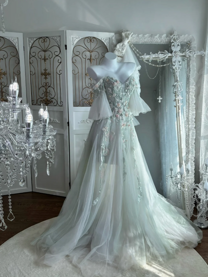 Chic Soft Green Long Prom Dresses Appliques Tulle Off-shoulder A-Line Evening Dresses ED06150