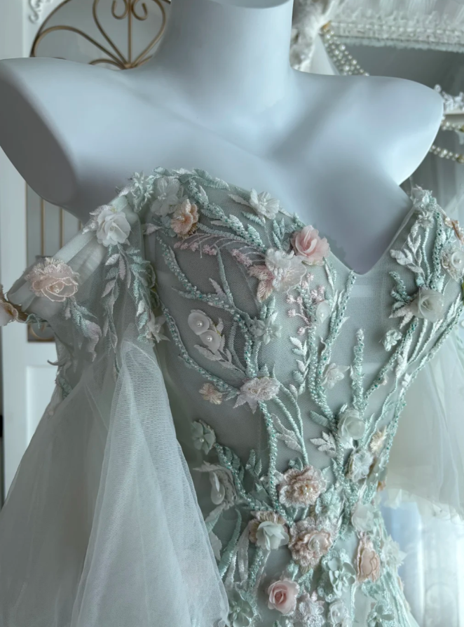 Chic Soft Green Long Prom Dresses Appliques Tulle Off-shoulder A-Line Evening Dresses ED06150