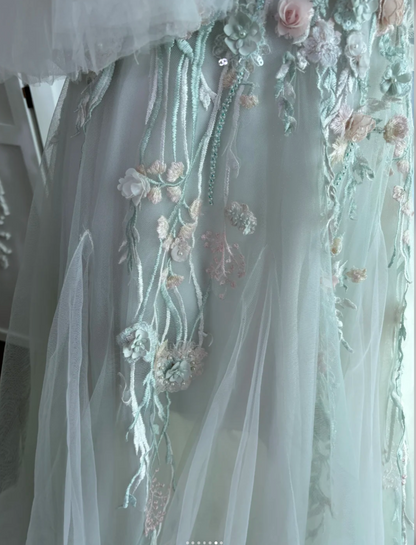 Chic Soft Green Long Prom Dresses Appliques Tulle Off-shoulder A-Line Evening Dresses ED06150