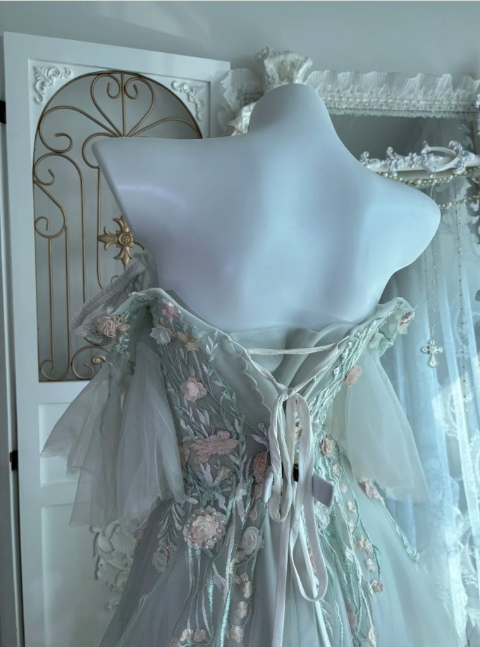 Chic Soft Green Long Prom Dresses Appliques Tulle Off-shoulder A-Line Evening Dresses ED06150