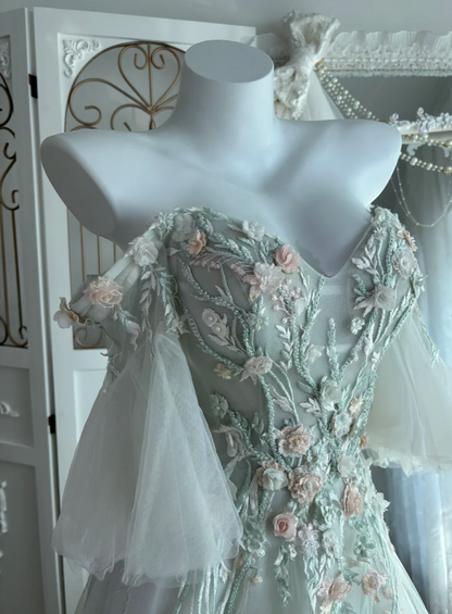 Chic Soft Green Long Prom Dresses Appliques Tulle Off-shoulder A-Line Evening Dresses ED06150