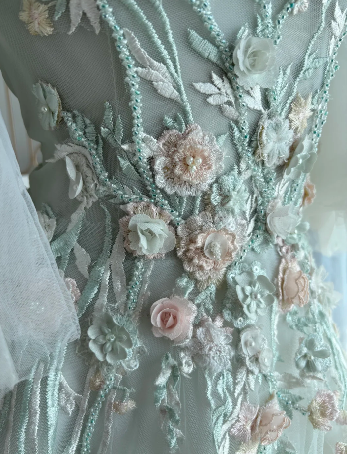 Chic Soft Green Long Prom Dresses Appliques Tulle Off-shoulder A-Line Evening Dresses ED06150