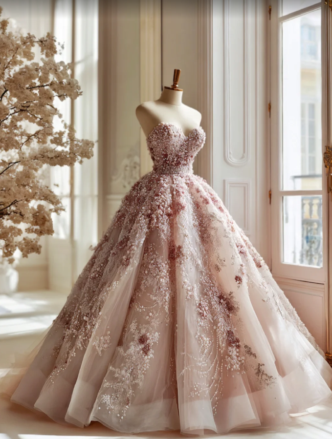 Chic Pink Long Prom Dresses Beaded Appliques Tulle Sweetheart A-Line Evening Dresses ED06151