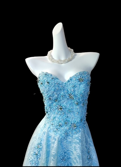 Chic Blue Hi-lo Prom Dresses Appliques Tulle Sweetheart Evening Dresses ED06155