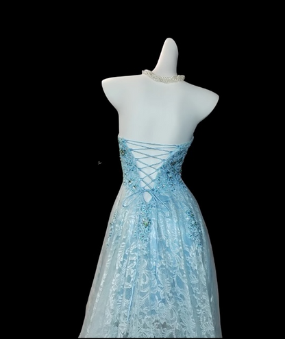 Chic Blue Hi-lo Prom Dresses Appliques Tulle Sweetheart Evening Dresses ED06155
