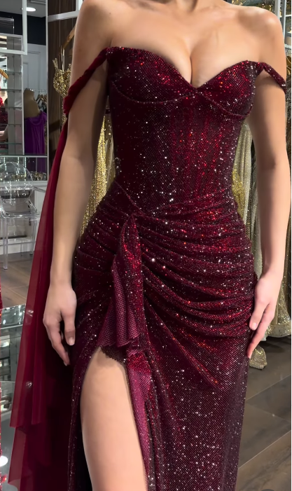Sexy Dark Red Long Prom Dresses Tulle Off-shoulder Sheath Evening Dresses with Slit ED06156