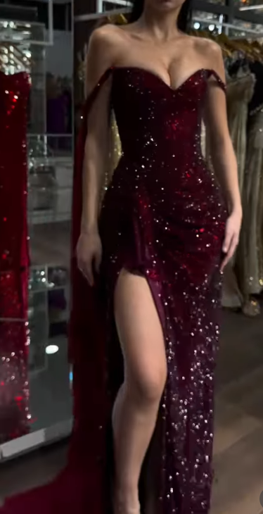 Sexy Dark Red Long Prom Dresses Tulle Off-shoulder Sheath Evening Dresses with Slit ED06156