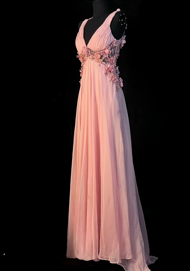 Chic Peach Long Prom Dresses Chiffon V-neck Sheath Evening Dresses Sleeveless Birthday Dresses ED06160