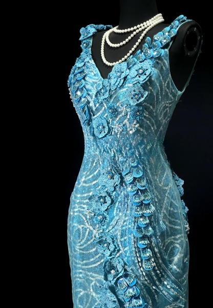 Chic Blue Long Prom Dresses Applique Tulle V-neck Mermaid Evening Dresses Sequins Sleeveless Birthday Dresses ED06161