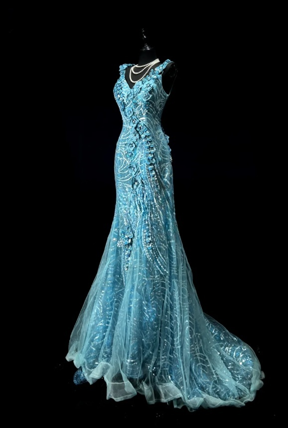 Chic Blue Long Prom Dresses Applique Tulle V-neck Mermaid Evening Dresses Sequins Sleeveless Birthday Dresses ED06161