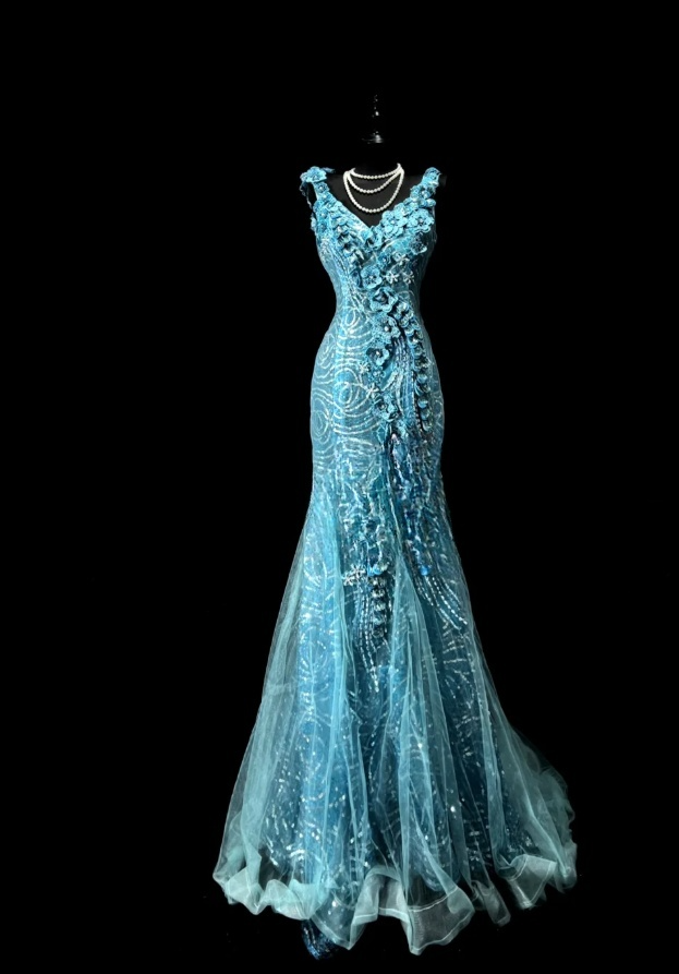 Chic Blue Long Prom Dresses Applique Tulle V-neck Mermaid Evening Dresses Sequins Sleeveless Birthday Dresses ED06161