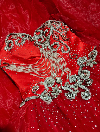 Chic Red Long Prom Dresses Applique Tulle Strapless A-Line Quinceanera Dresses Sleeveless Sweet 16 Dresses ED06162