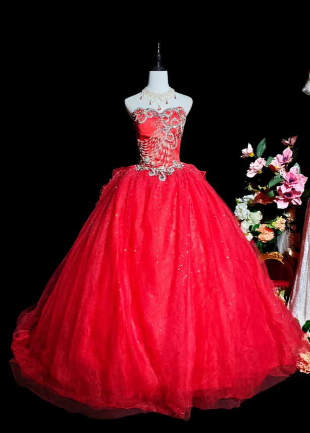 Chic Red Long Prom Dresses Applique Tulle Strapless A-Line Quinceanera Dresses Sleeveless Sweet 16 Dresses ED06162