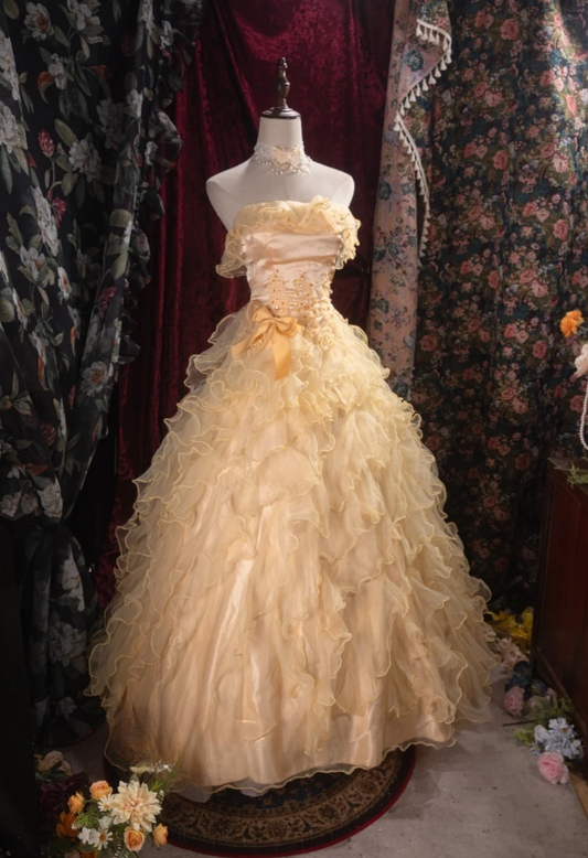Chic Yellow Long Prom Dresses Tulle Strapless A-Line Quinceanera Dresses Sleeveless Sweet 16 Dresses ED06163