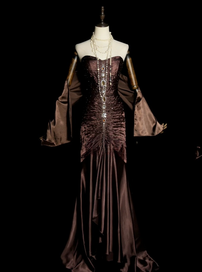 Elegant Brown Long Prom Dresses Satin Sweetheart Sheath Evening Dresses Sleeveless Formal Dresses ED06166