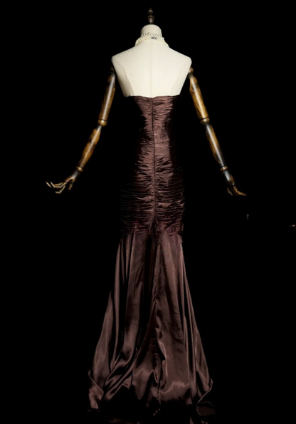 Elegant Brown Long Prom Dresses Satin Sweetheart Sheath Evening Dresses Sleeveless Formal Dresses ED06166