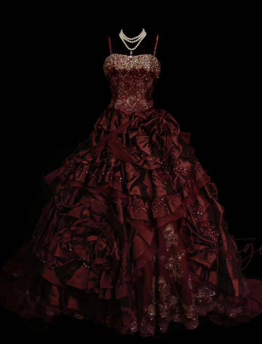 Elegant Dark Red Long Prom Dresses Satin Spaghetti Straps Ball Gown Evening Dresses Sleeveless Formal Dresses ED06167