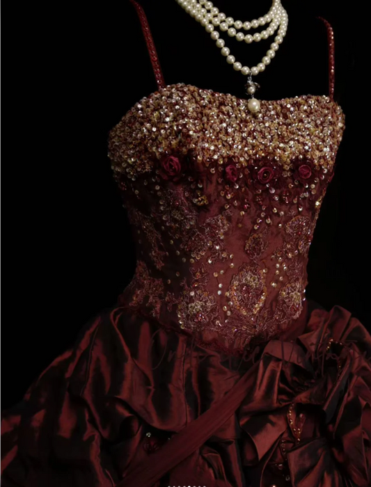 Elegant Dark Red Long Prom Dresses Satin Spaghetti Straps Ball Gown Evening Dresses Sleeveless Formal Dresses ED06167