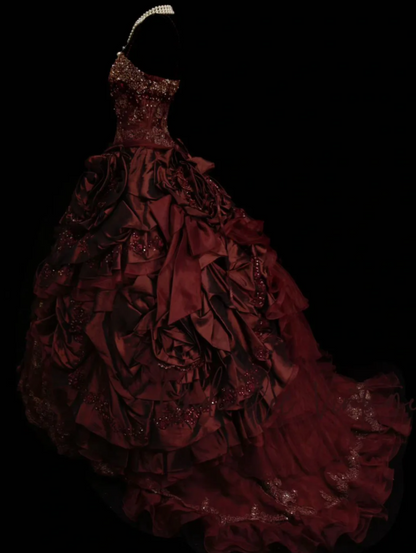 Elegant Dark Red Long Prom Dresses Satin Spaghetti Straps Ball Gown Evening Dresses Sleeveless Formal Dresses ED06167