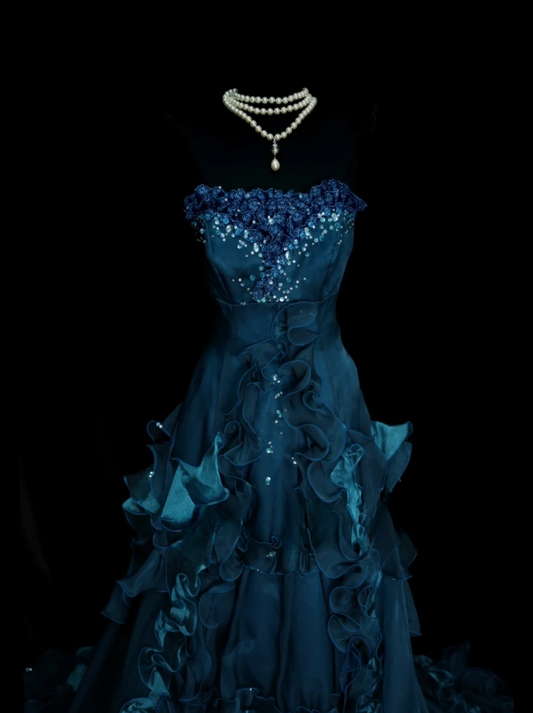 Elegant Teal Long Prom Dresses Tulle Strapless A-line Evening Dresses Sleeveless Formal Dresses ED06168