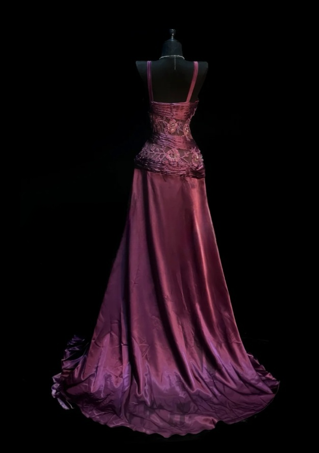 Elegant Grape Long Prom Dresses Satin V-neck A-line Evening Dresses Appliques Sleeveless Formal Dresses ED06169