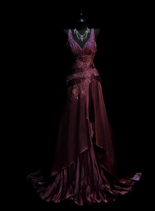 Elegant Grape Long Prom Dresses Satin V-neck A-line Evening Dresses Appliques Sleeveless Formal Dresses ED06169