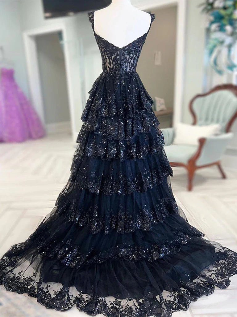 A-Line Sweetheart Neck Tulle Sequin Black Long Prom Dress, Black Forma