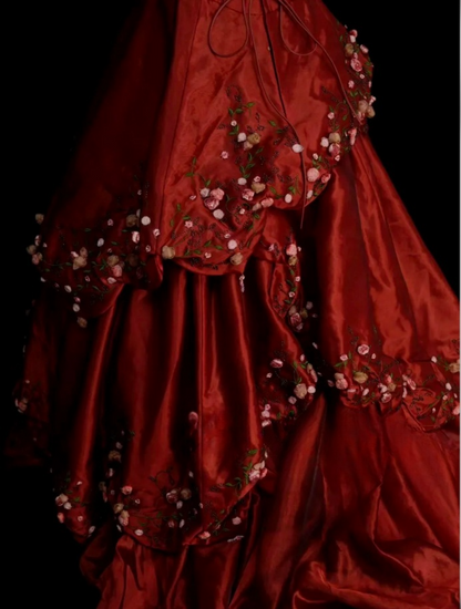 Elegant Red Long Prom Dresses Satin Spaghetti Straps A-line Evening Dresses Embroidery Sleeveless Formal Dresses ED06170