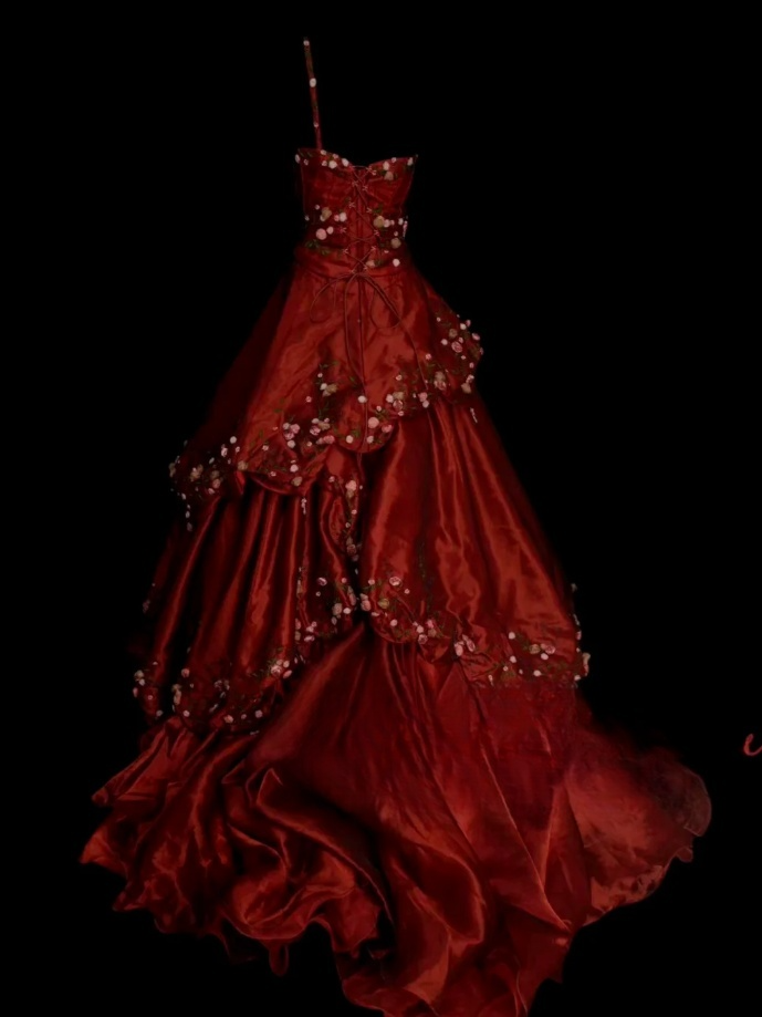 Elegant Red Long Prom Dresses Satin Spaghetti Straps A-line Evening Dresses Embroidery Sleeveless Formal Dresses ED06170