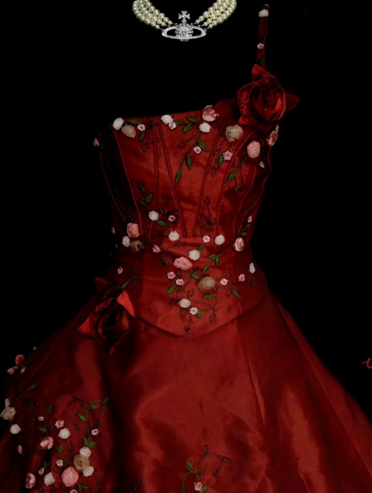 Elegant Red Long Prom Dresses Satin Spaghetti Straps A-line Evening Dresses Embroidery Sleeveless Formal Dresses ED06170