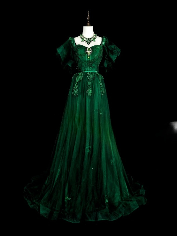 Fairy Green Long Prom Dresses Tulle Square A-Line Evening Dresses Short Sleeves Birthday Dress ED06176