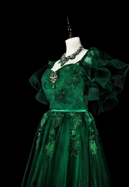 Fairy Green Long Prom Dresses Tulle Square A-Line Evening Dresses Short Sleeves Birthday Dress ED06176