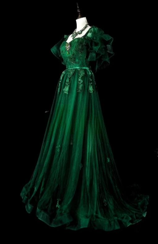 Fairy Green Long Prom Dresses Tulle Square A-Line Evening Dresses Short Sleeves Birthday Dress ED06176