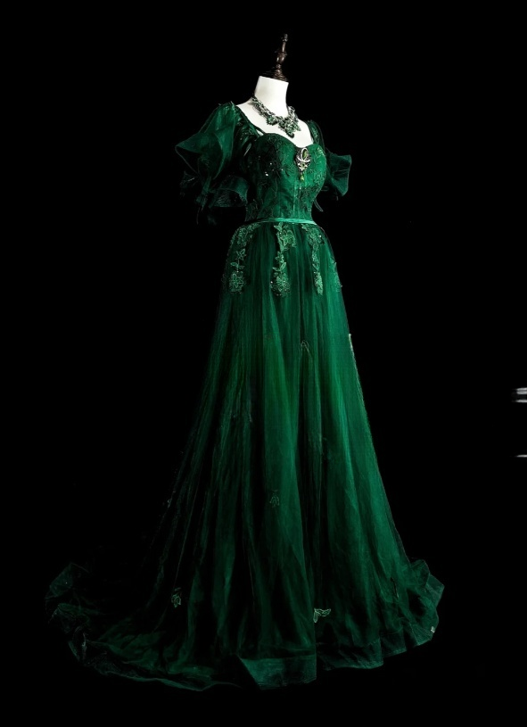 Fairy Green Long Prom Dresses Tulle Square A-Line Evening Dresses Short Sleeves Birthday Dress ED06176