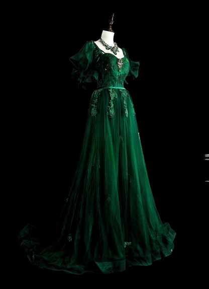 Fairy Green Long Prom Dresses Tulle Square A-Line Evening Dresses Short Sleeves Birthday Dress ED06176