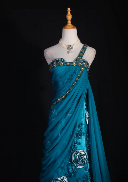 Fairy Teal Long Prom Dresses Chiffon One-shoulder Sheath Evening Dresses Sleeveless Birthday Dress ED06178