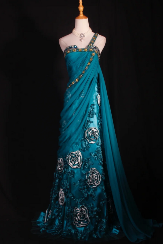 Fairy Teal Long Prom Dresses Chiffon One-shoulder Sheath Evening Dresses Sleeveless Birthday Dress ED06178