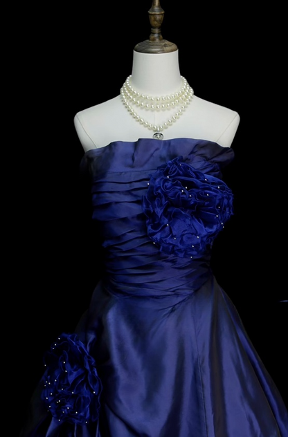 Fairy Navy Blue Long Prom Dresses Satin Strapless A-Line Evening Dresses Sleeveless Birthday Dress ED06179