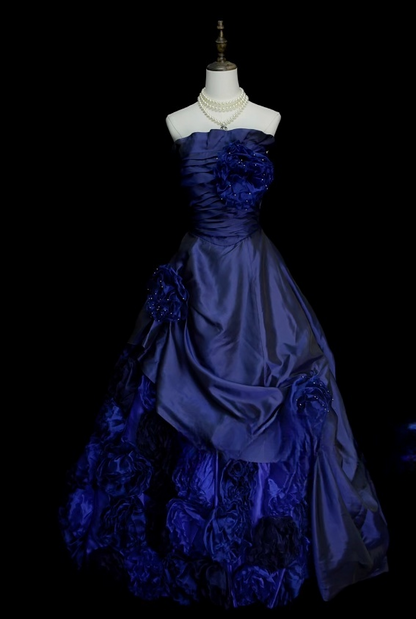 Fairy Navy Blue Long Prom Dresses Satin Strapless A-Line Evening Dresses Sleeveless Birthday Dress ED06179